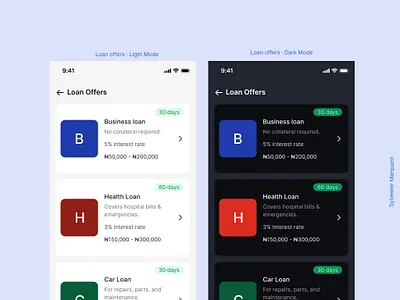 loan Offers in light & dark mode for a fintech app design figma mobile ui ux