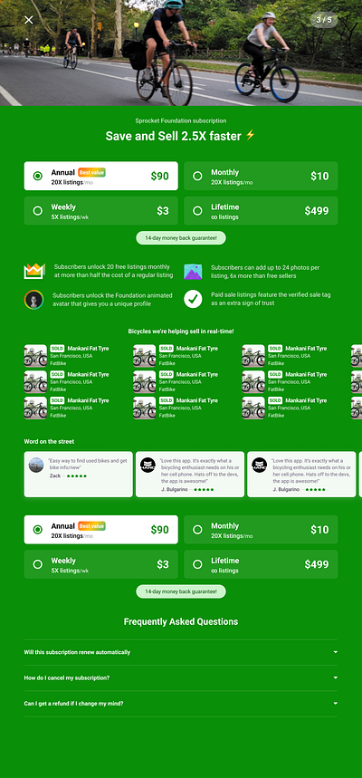 Sprocket Android Sub. Paywall with Paid Verification Benefit ✅ android benefit bicycle bike check checkmark cycle dog green mobile optimization paywall sale sell sprocket subscribe subscription tablet verification verify