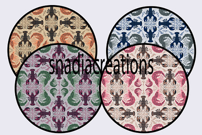 Crustacean core aquatic animals coastal crustacean core fabric designer home decor lobsters marine life maximalist nature nautical sea food sea weeds seamless pattern shrimps textile pattern designer underwater creatures vector wallpaper design