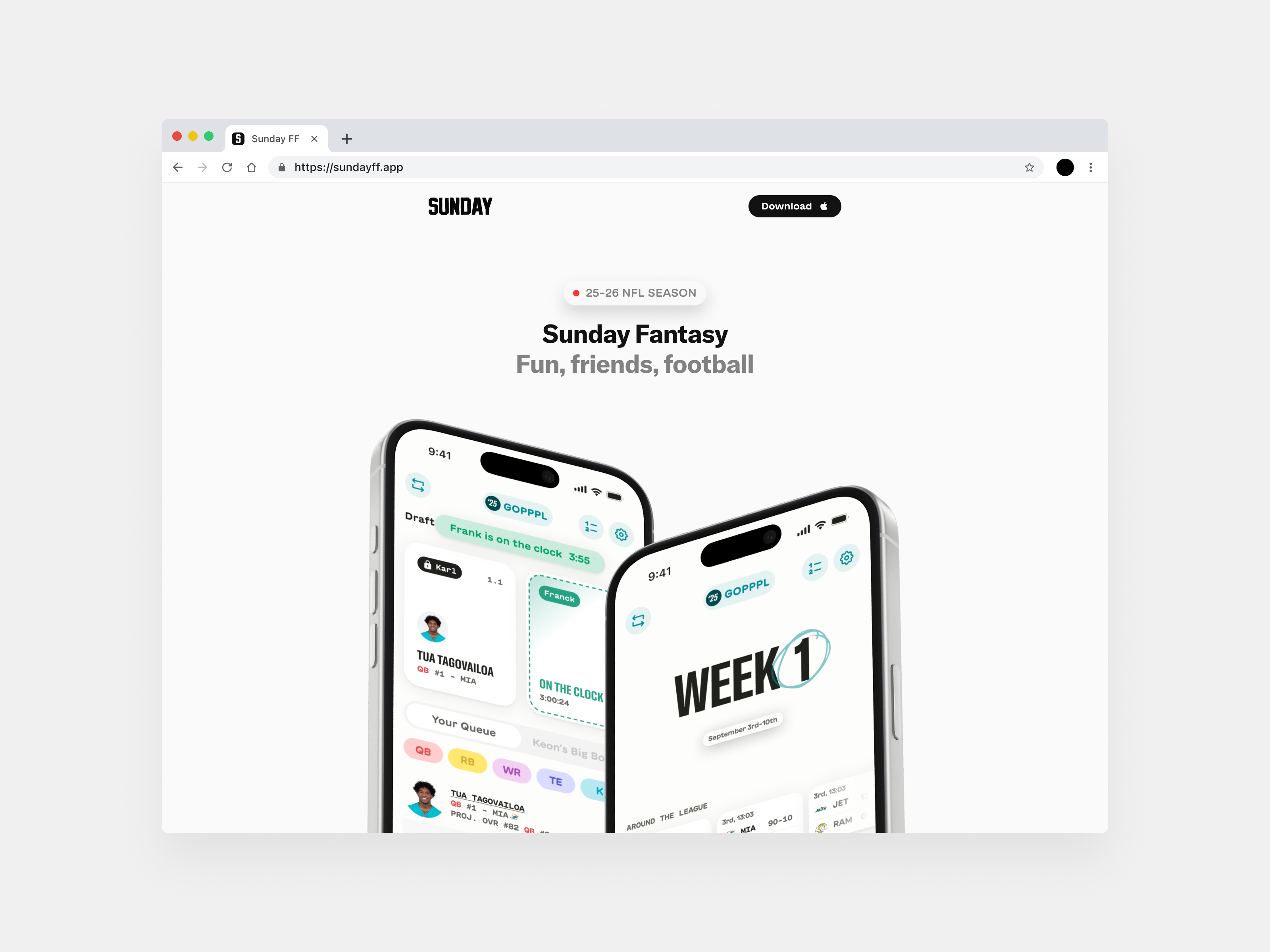 sundayff.app app fantasy football iphone landing layout ui web
