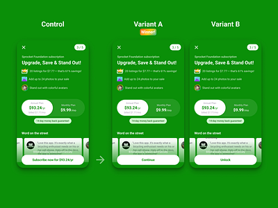 Sprocket Android Subscription Paywall CTA Optimization Test android bicicleta bicycle bike button continue cta cycle experiment ride sprocket subscribe subscription test text unlock uxw winner
