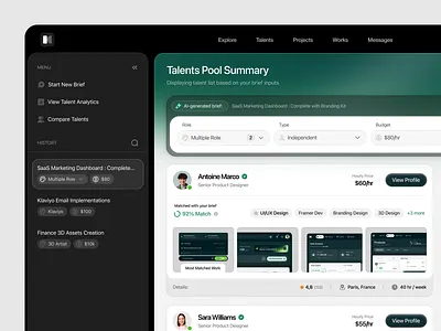 AI-Powered Talent Finder based on Brief - Pool Summary ai button cards clean dashboard design finder form gradient marketplace navbar talent ui uiux ux works