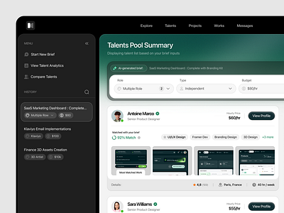 AI-Powered Talent Finder based on Brief - Pool Summary ai button cards clean dashboard design finder form gradient marketplace navbar talent ui uiux ux works