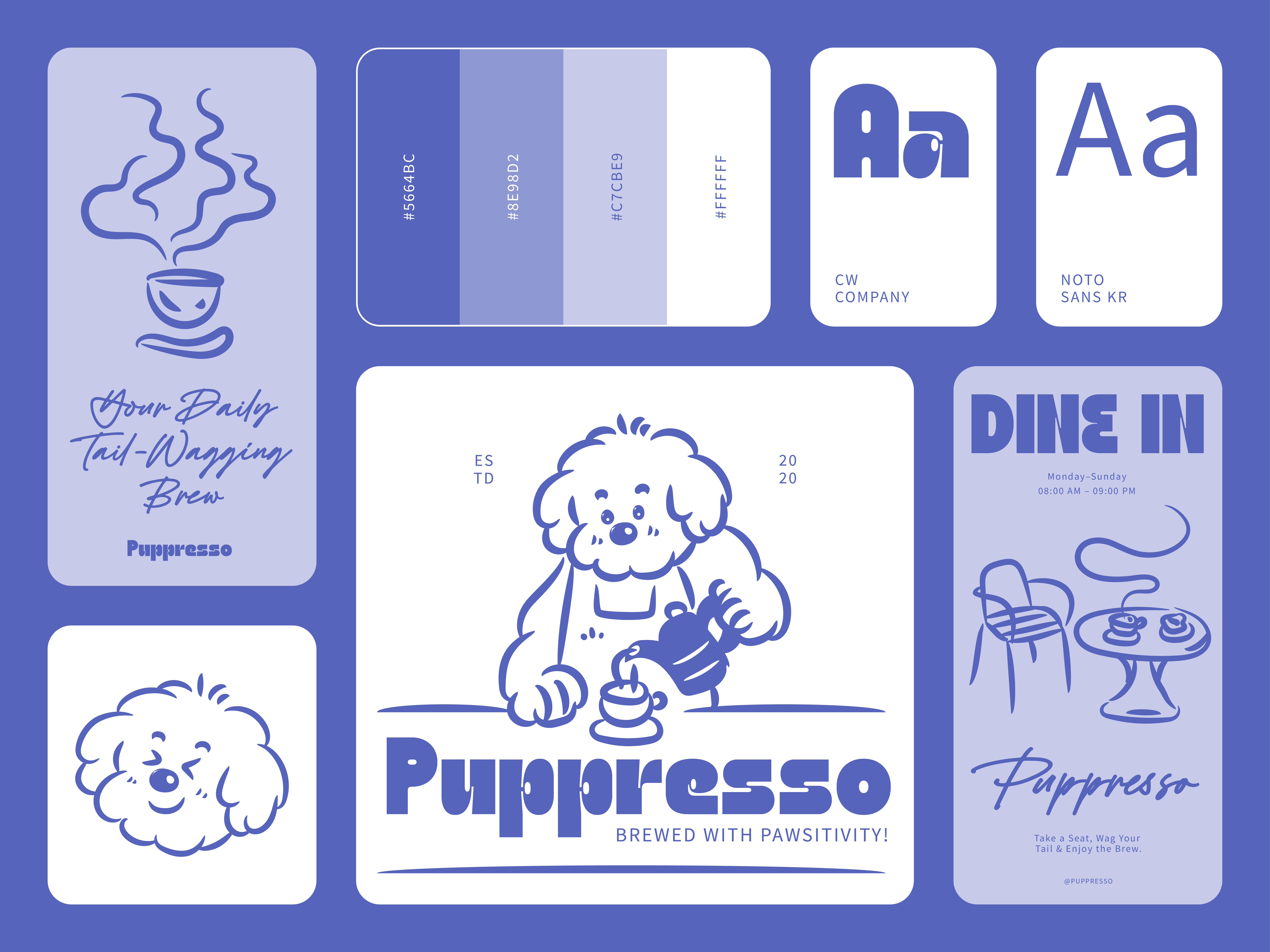 Puppresso - Visual Identity for Coffee Shop 2d brand identity branding cafe coffee shop color cute design graphic design identity illustration logo mascot menu sign board typography