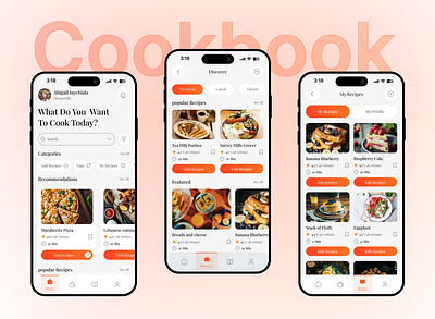 Cookbook - Food Recipe Mobile App Design appdesign appinterface cookbook cookbookapp dishbook foodapp foodlovers foodui mobileappdesign mobileui recipeapp uidesign uiux uxdesign