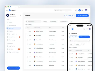 ProDeel - Contracts Page Design contract contractbook crm dashboard dashboard design deals filllodesign finance hr hr management hrm list view management payment payroll product saas system templates uiux