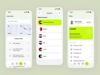 Careem Super App – Easy Support, Global Access & Smart Profile app interface app redesign careem clean ui country selection help center minimal design mobile app mobile ui modern app profile screen super app ui design user profile ux design