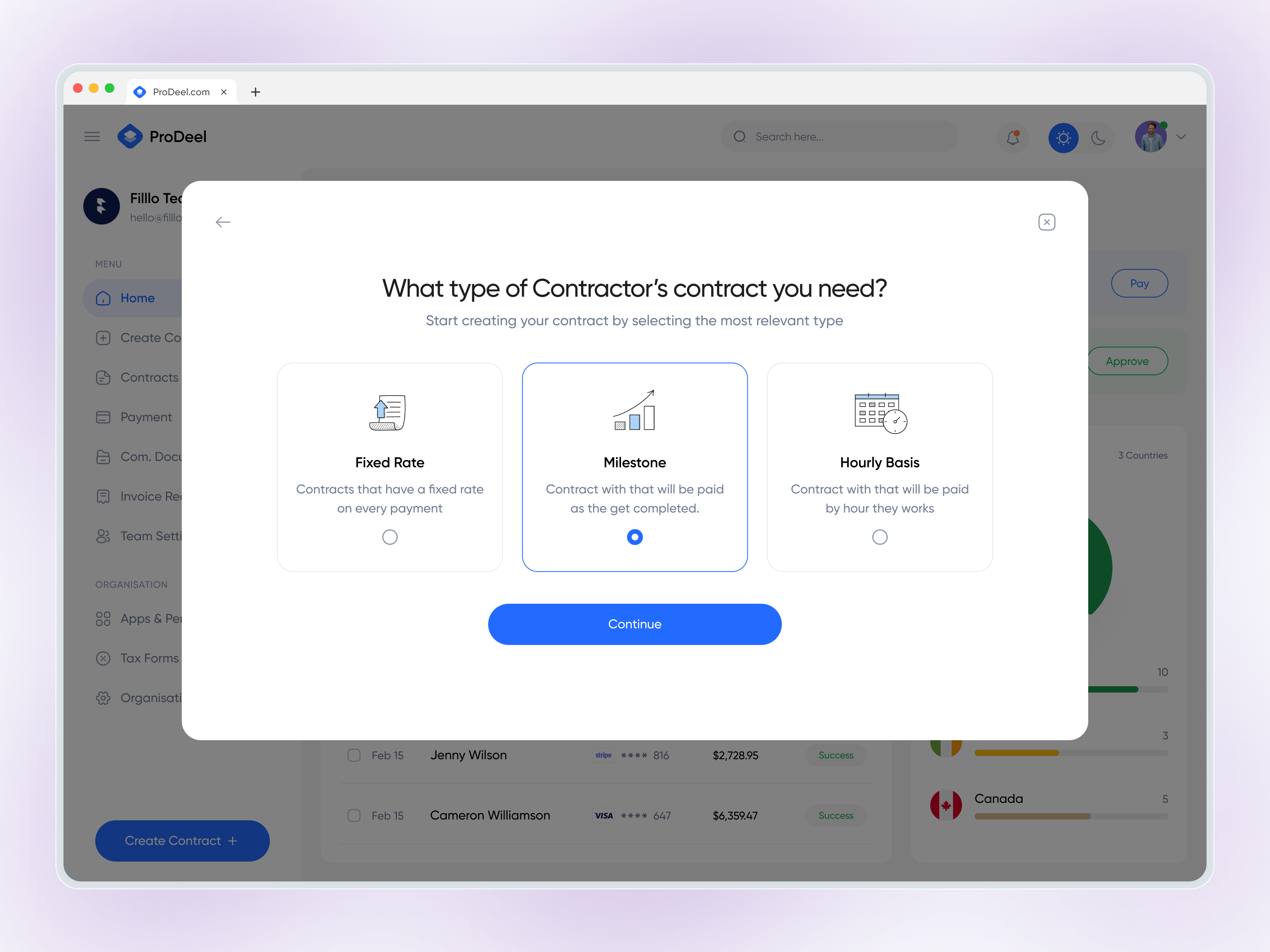 ProDeel - Create Contract Page Design components create create contract creation crm deel flow hr management modal payroll popup process product saas steps ui design uiux ux design
