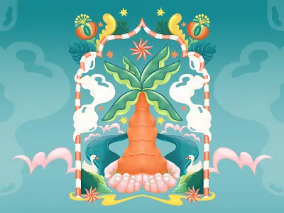 Peaceful Palm in Pencil artist clouds colorful coloured pencil dreamlike floral illustration hand drawn hands illustration lively scout palm tree psychedelic surreal illustration swan