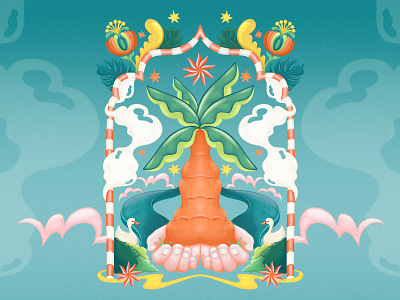 Peaceful Palm in Pencil artist clouds colorful coloured pencil dreamlike floral illustration hand drawn hands illustration lively scout palm tree psychedelic surreal illustration swan