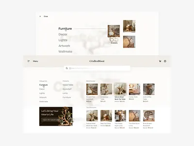 CraftedRoot - Wood shop search, menu hamburger mega menu mega nav mega search menu nav search ui search ui design wood website
