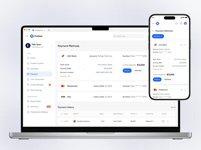 ProDeel - Payment Setting Design bank bill billing dashboard history hr management invoice management payment card payments plans product design saas settings transaction transfer ui design user interface ux design wallet