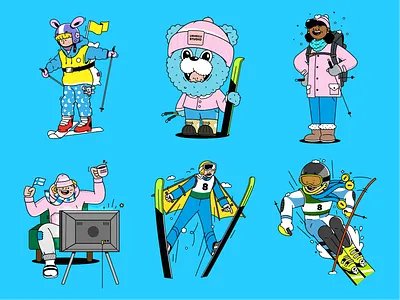 Winter Games Characters alpine skier alpine skiing character design characters illustration mascot ski jump ski jumper super fan tourist winter games winter games tourist