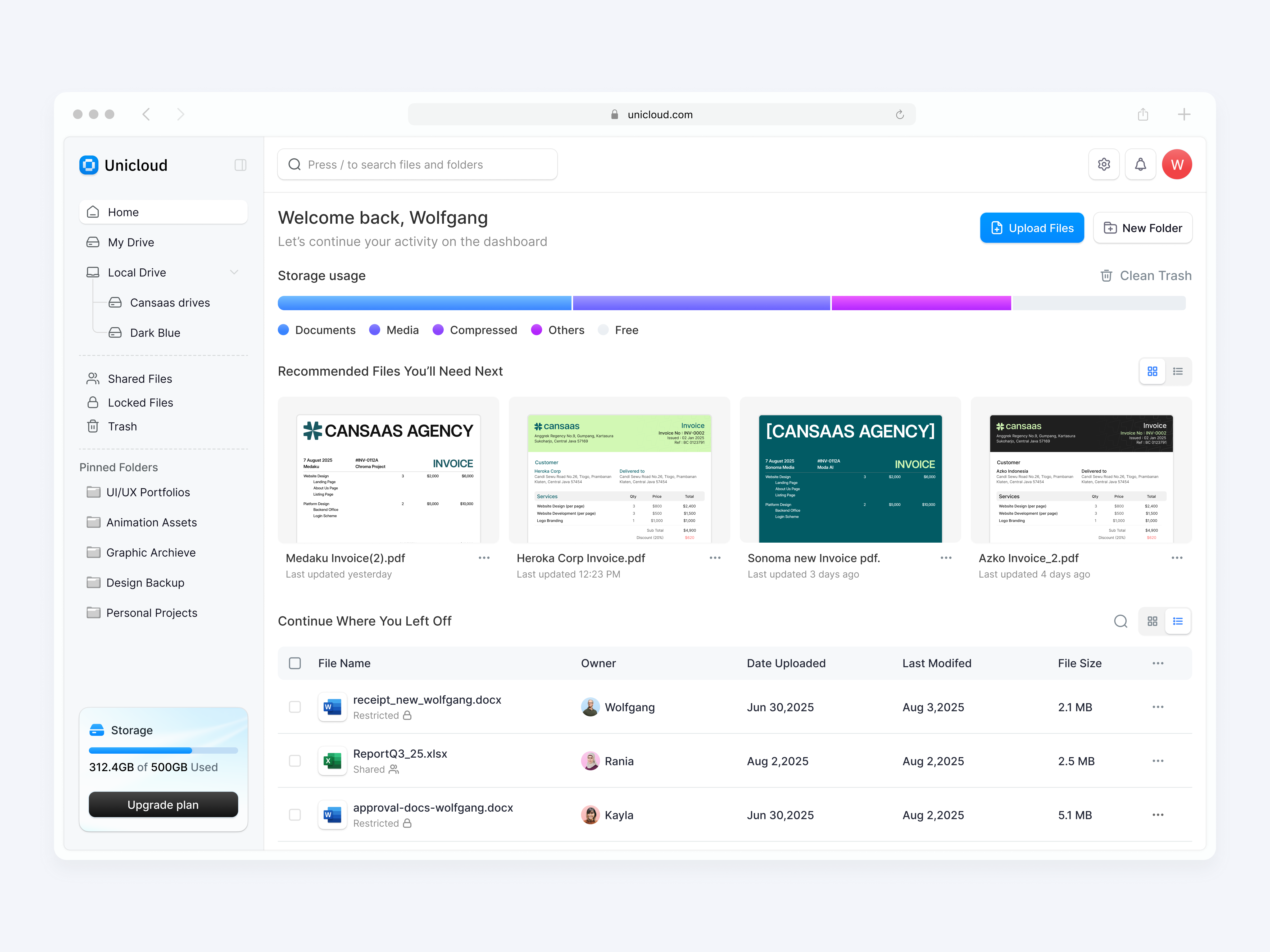 Unicloud - Cloud Storage Dashboard app cansaas clean clean design cloud cloud dashboard cloud storage dashboard design interface minimal product product design saas saas design storage ui ux