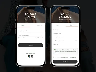 Login & Sign-up UI concept for Ellora Fashion app concept clean ui design inspiration dribbbleweeklywarmup dribble fashion app fashion design figma interaction design login page minimal design mobile app design mobile ux onboarding sign up page ui ui design user interface uxdesign wakia