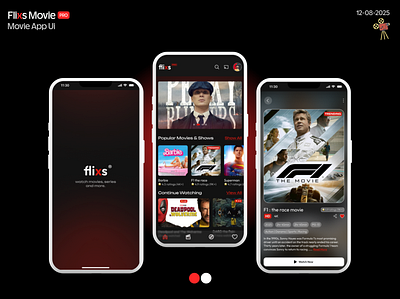 Flixs Movie - Sleek & Immersive Dark Mode App Design appui appuidesign dark darkmode f1 movie movieapp movieui play ui uidesign uiux