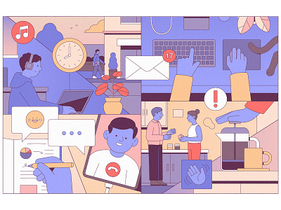 Hybrid Office Redesign blue character charcterdesign client coffee deesign editorial illustration email flatvector hybrid illustration linework meetings muti noise office red staff vector zoom