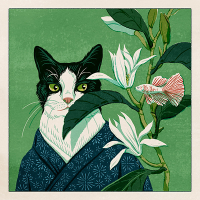 An encounter book book illustration cat cover flower garden green illustration japan linocut portrait tree ukiyoe woodblock