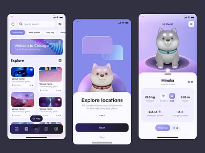 AR Adventure: Explore, Play & Meet Minuka 3d character ui 3d mascot app concept design app exploration ar app design augmented reality ui cute mascot explore app game ui design gamification interactive design map app ui minimal mobile ui mobile ui modern app design onboarding screens pet companion playful interface ui inspiration virtual pet
