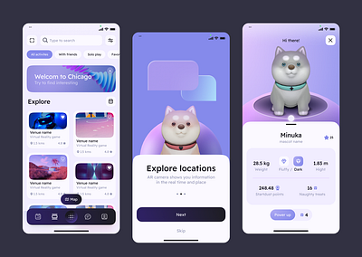 AR Adventure: Explore, Play & Meet Minuka 3d character ui 3d mascot app concept design app exploration ar app design augmented reality ui cute mascot explore app game ui design gamification interactive design map app ui minimal mobile ui mobile ui modern app design onboarding screens pet companion playful interface ui inspiration virtual pet