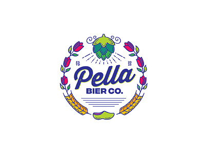 Pella Bier Co. badge beer beverage bier clogs craft hand-drawn hops logo pella tulips vintage