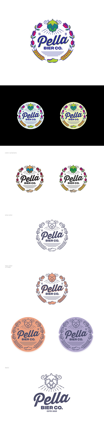 Pella Bier Co. badge beer beverage bier clogs craft hand drawn hops logo pella tulips vintage
