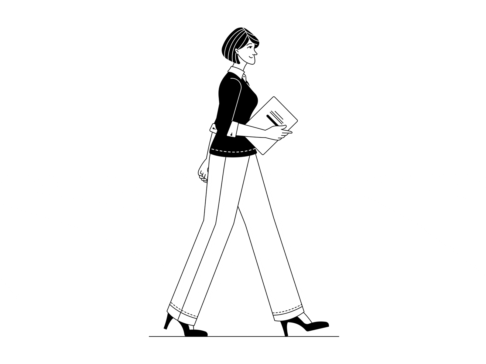 Walk cycle 2d animation black and white business character illustration json line art lottie lottiefiles motion motion graphics office onboarding svg vector walk cycle walking woman work