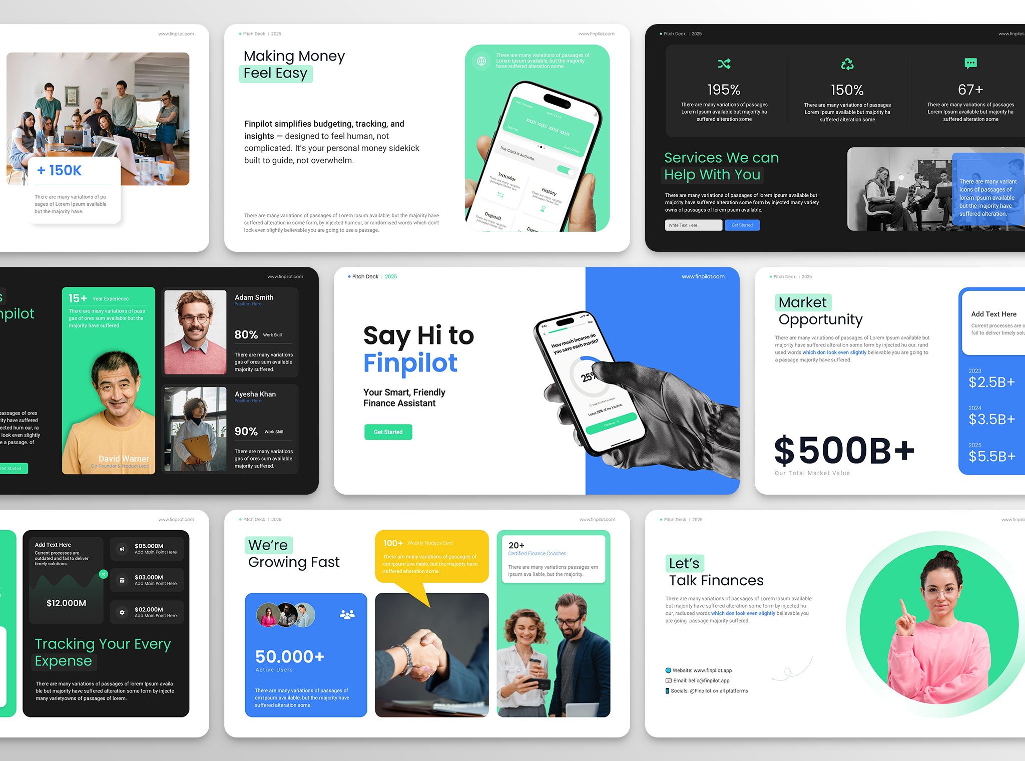 Finance App Pitch Deck Design blue branding business deck finances fintech google slides graphic design green keynote mobile apps modern pitch deck powerpoint powerpoint presentation powerpoint slide ppt presentation presentation design startup pitch deck