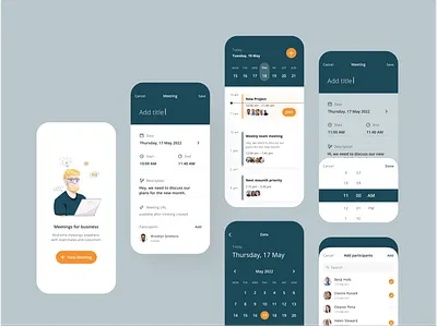Meetings. Mobile App add add meeting add users app calendar clean create meeting meeting meeting app new meeting task time picker ui ux