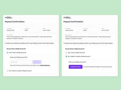 Stripe Integration account company connect date design field form id input integration logo minimal modal payment popup price receive stripe ui ux