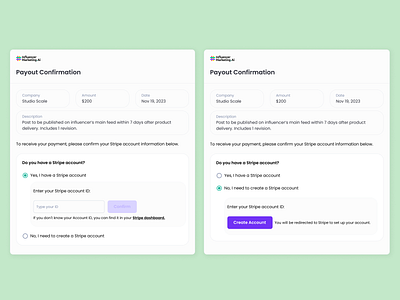 Stripe Integration account company connect date design field form id input integration logo minimal modal payment popup price receive stripe ui ux