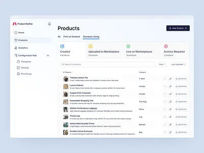 Product listing action b2b crm degrade etsy gradient listing navigation pod print on demand product progress publish saas stage step store tab table ux