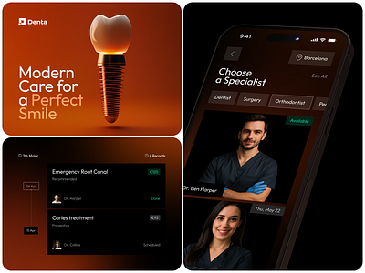 Dental Clinic App — Specialist Booking UI 3d illustration booking system app clinic app dark mode ui dental app dentist appointment dentist booking dentist ui doctor booking health tracking app healthcare healthcare app healthcare ux hospital app medical app design minimal design mobile app mobile ui design modern ui