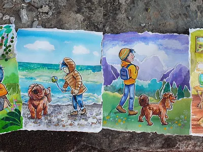Jack and Meg. A series of watercolours of a boy and his dog boy and dog cartoon childrens book collage illustration man and dog painting watercolour