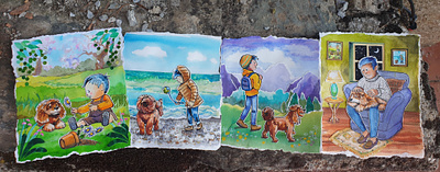 Jack and Meg. A series of watercolours of a boy and his dog boy and dog cartoon childrens book collage illustration man and dog painting watercolour