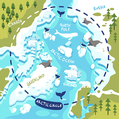 Polar Circle - Arctic Maps animal arctic faceless flat illustration map nature penguins vector walrus whale