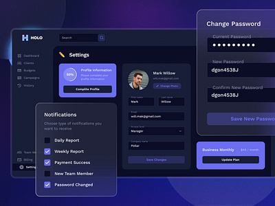 Holo - Settings page analytics change password clean dark mode dark theme design light theme marketing marketing dashboard navigation responsive settings ui ux web web app web platform