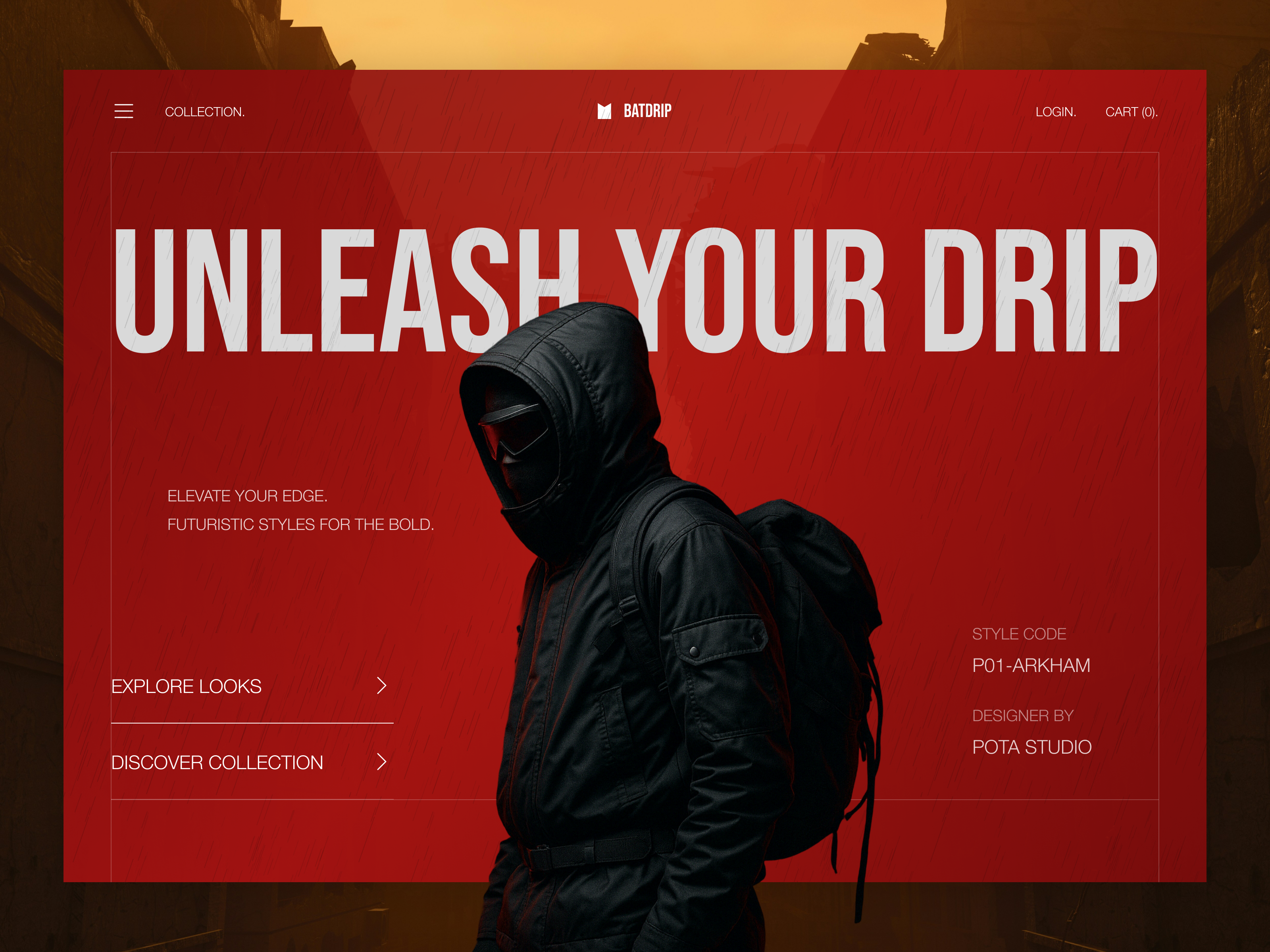 BATDRIP - Techwear Landing Page batman bold dark fashion fashion web futuristic glasses hero jacket landing page outfit tech techwear the batman ui ui ux ux web web ui website