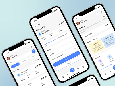 eSIM Management App esim interface internet mobile app plans subscription travel ui ux