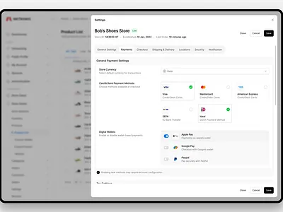 Store Payment Configuration dashboard ecommerce react tailwind
