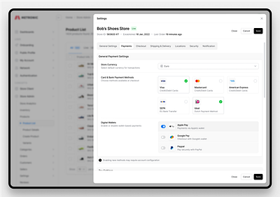 Store Payment Configuration dashboard ecommerce react tailwind