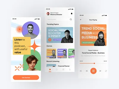 Dengar - Podcast Mobile App audio business clean design earphone interface listening minimal news podcast pods social talk talks topics trends ui ui design ui ux value