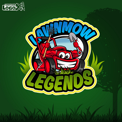 Lawnmow Legends Lawn Care Cartoon Logo – Bold & Fun Design lawnmower cartoon logo