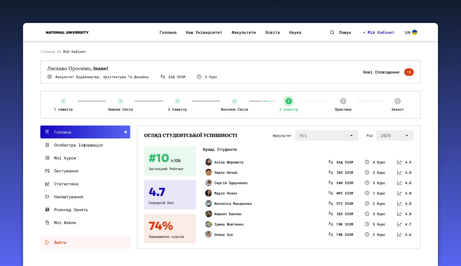 National University Student Personal Account account dashboard profile ui ux