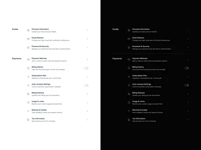 Billing & Payment Settings – Light & Dark Modes