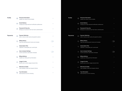 Billing & Payment Settings – Light & Dark Modes