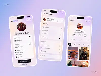 AI Chatbot Mobile App – Profile, Subscription & Settings account settings ai chatbot mobile mobile app premium price price plan profile profile page profile screen promo setting settings screen subscribe subscription subscription screen user interface user profile
