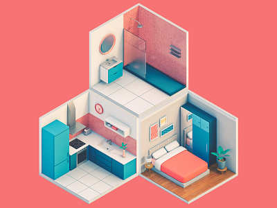 Rooms Diorama 3d 3d icon 3d illustration bathroom bedroom cinema 4d design diorama home house illustration interior isometric kitchen low poly real state rooms stylized web icon