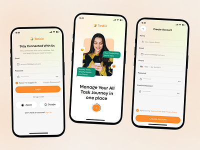Log in : Sign up & Onboarding Screen - Task Mobile App app create account forgot password ios app login login form login page logout mobile mobile app onboarding screen registration sign in sign up splash screen task app task onboarding screen ui user interface ux