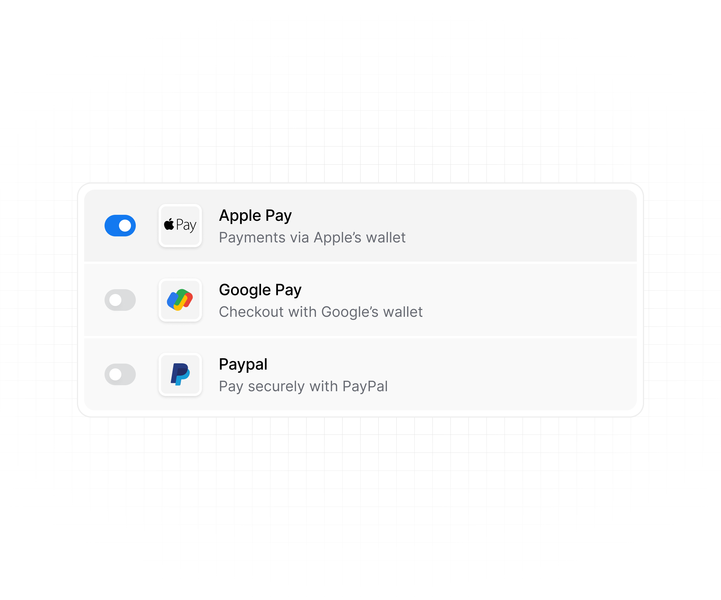 Digital Wallets Settings dashboard settings switch